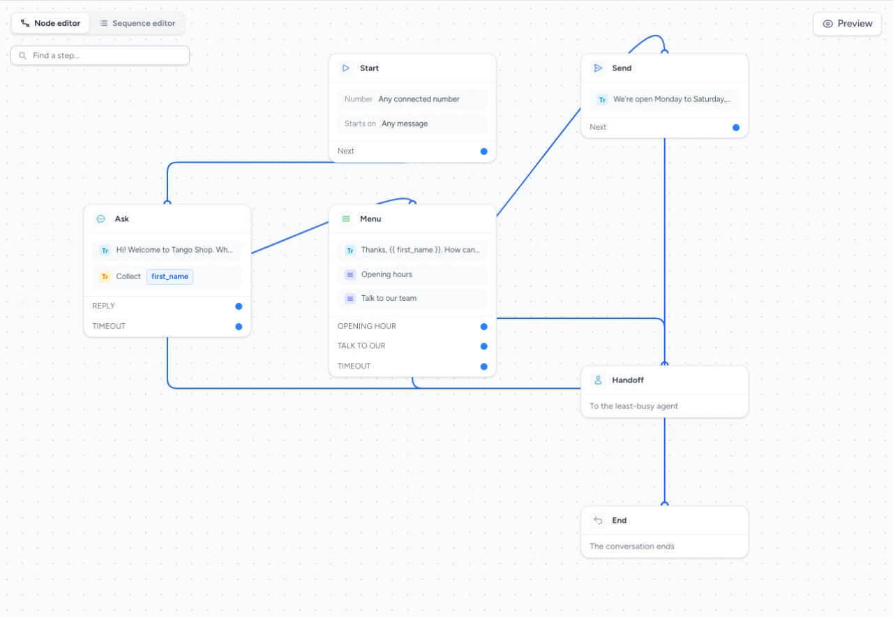 Paused TextTango chatbot demo with name capture, a welcome menu, an opening-hours reply and agent handoff