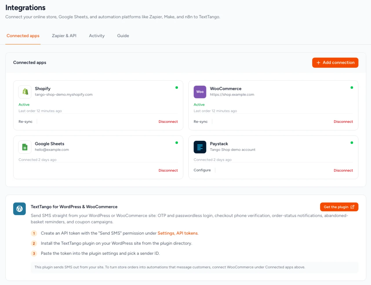 TextTango integrations hub showing fictional Shopify, WooCommerce, Google Sheets and Paystack demo connections