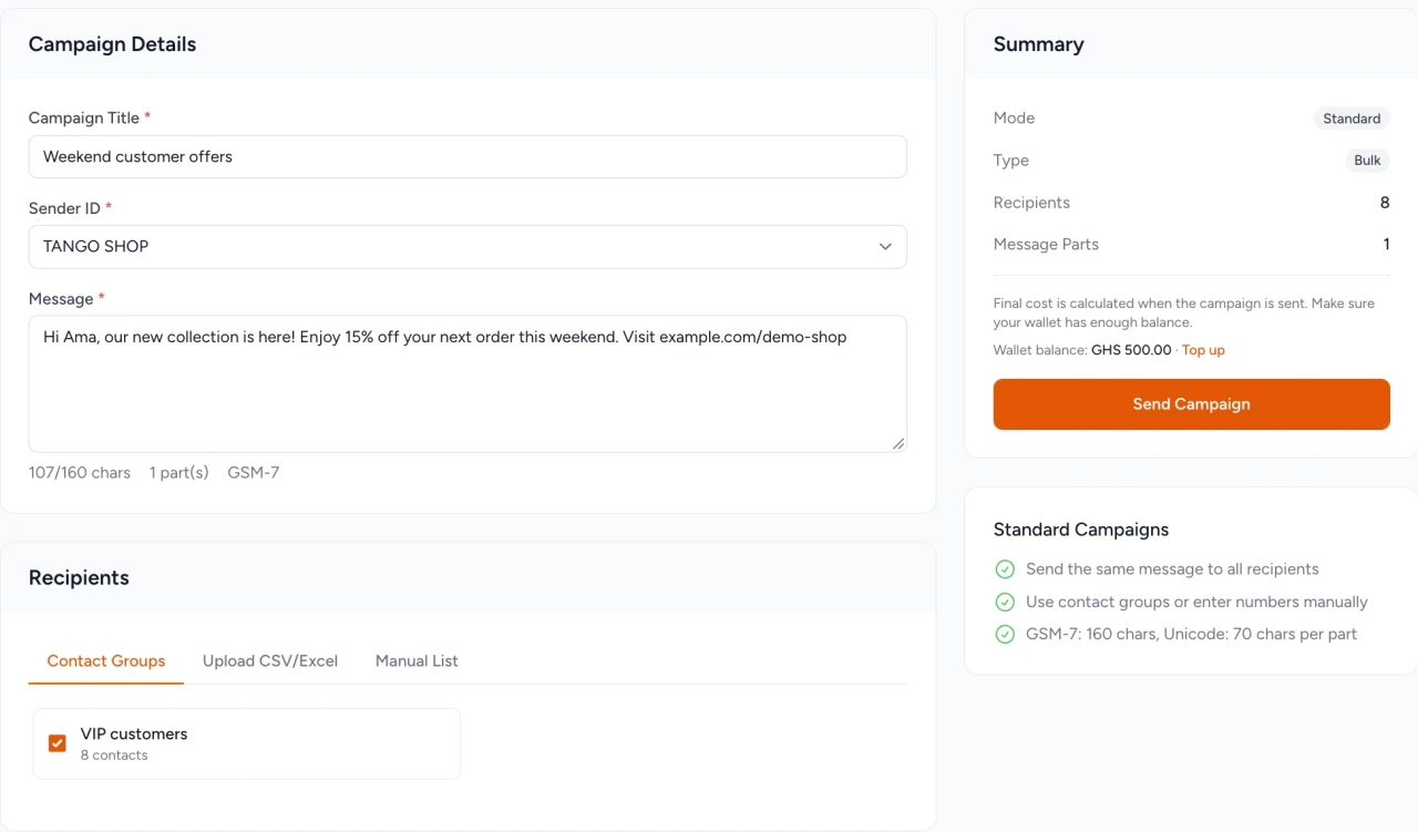 SMS campaign details, selected customer group, and recipient summary