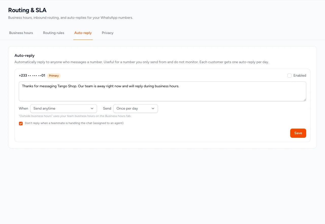 WhatsApp auto-reply settings with a sample away message, send frequency, and business-hours options