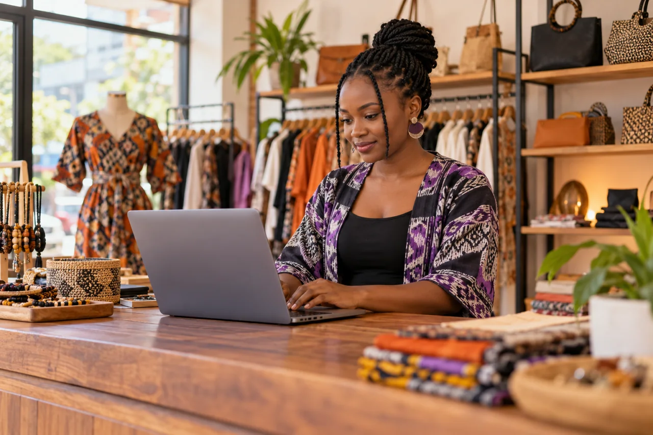 A business owner working at a laptop in a Ghanaian clothing shop