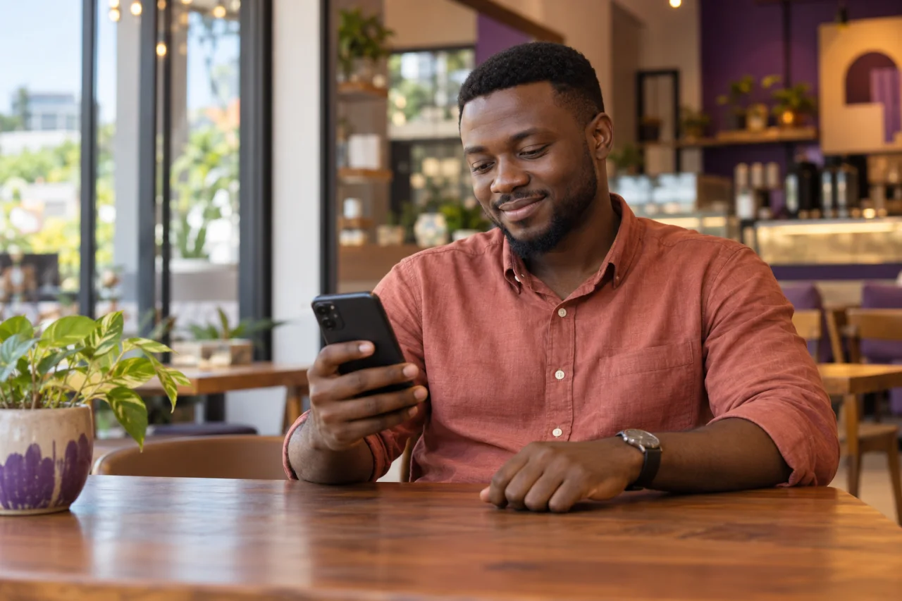 A customer checking a smartphone at a cafe in Ghana